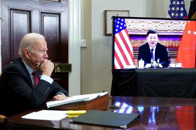 US President Joe Biden during a virtual meeting with Chinese President Xi Jinping from the White House in Washington on November 15, 2021.