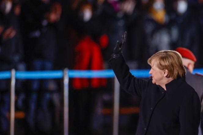 German Chancellor Angela Merkel at a farewell ceremony in her honor in Berlin on December 2, 2021.