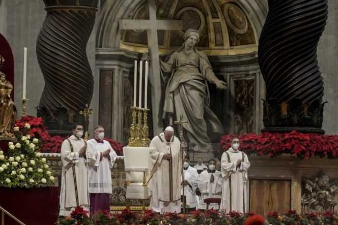 Pope Francis celebrates Christmas Eve Mass at St. Peter's Basilica in the Vatican on December 24, 2021.