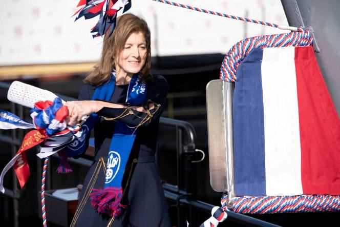 Caroline Bouvier Kennedy christens the US Navy aircraft carrier USS John F. Kennedy in Newport News, Virginia (United States), in December 2019.