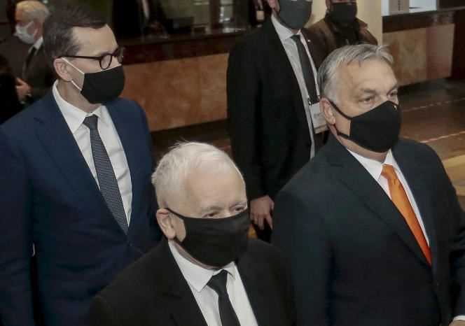 Jaroslaw Kaczynski, Viktor Orban, and Mateusz Morawiecki, at the meeting of the leaders of the conservative populist parties in Warsaw on December 4, 2021.