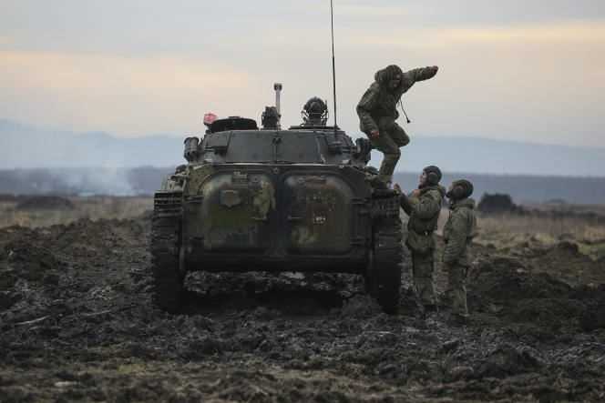 Training of Russian military forces in the Krasnodar region of Russia on December 14, 2021.