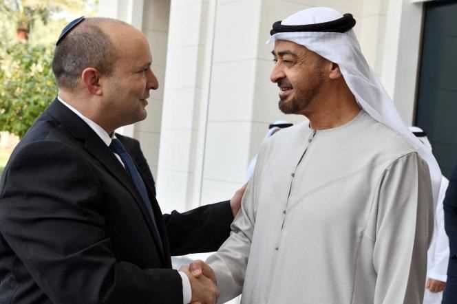 During an Israeli leader's first visit to the United Arab Emirates, Prime Minister Naftali Bennett is greeted by Crown Prince Mohammed Bin Zayed Al-Nahyane in Abu Dhabi on December 12, 2021.