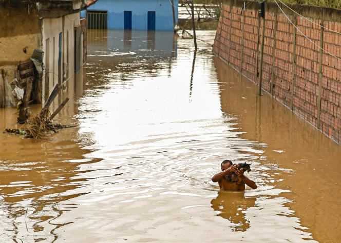 A man carries his dog over floodwaters in Itapetinga, Bahia state, Brazil, December 27, 2021.
