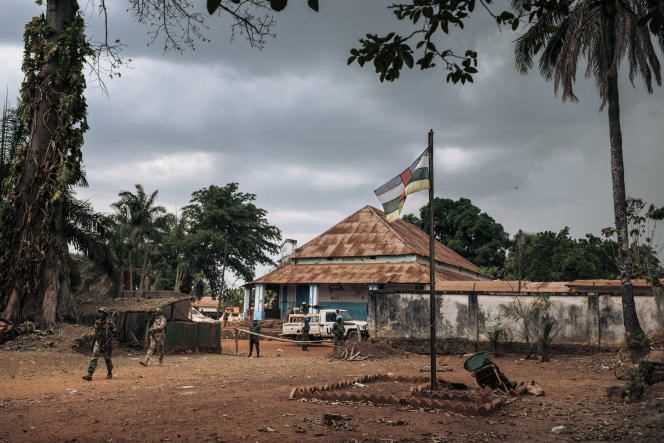 Central African army soldiers inspect their military base looted and occupied by rebel militiamen in Bangassou on February 3, 2021.