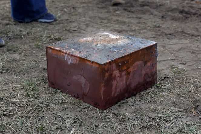 A box appearing to be a time capsule from 1887, found under the statue of Confederate General Robert E. Lee in Richmond, Virginia, USA on December 27, 2021.
