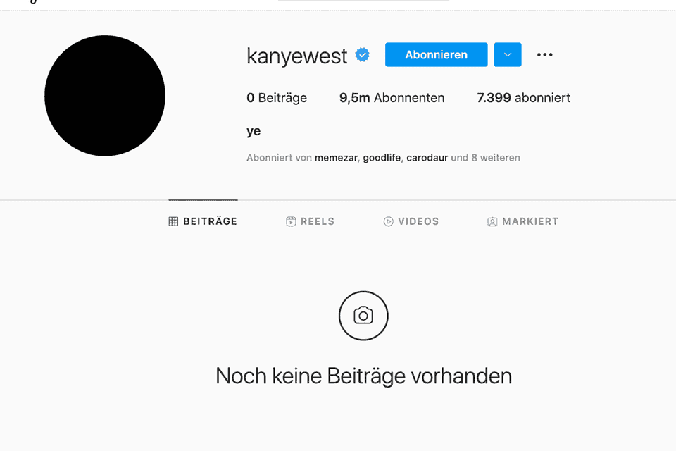 Instagram profile of rapper Kanye West.
