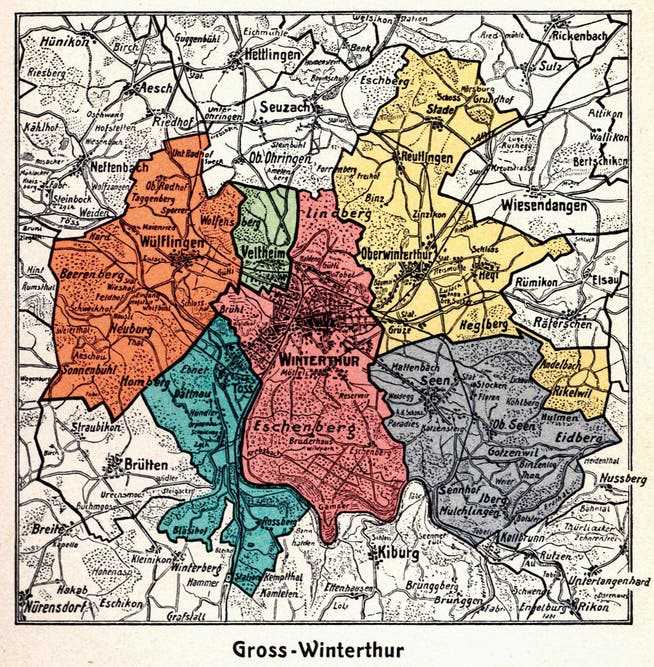 This is how old Winterthur became Gross-Winterthur.  However, just a few months later, Winterthur had to cede Sonnenbühl, the Bläsihof and some farms near Kollbrunn, which preferred to join the neighboring community.