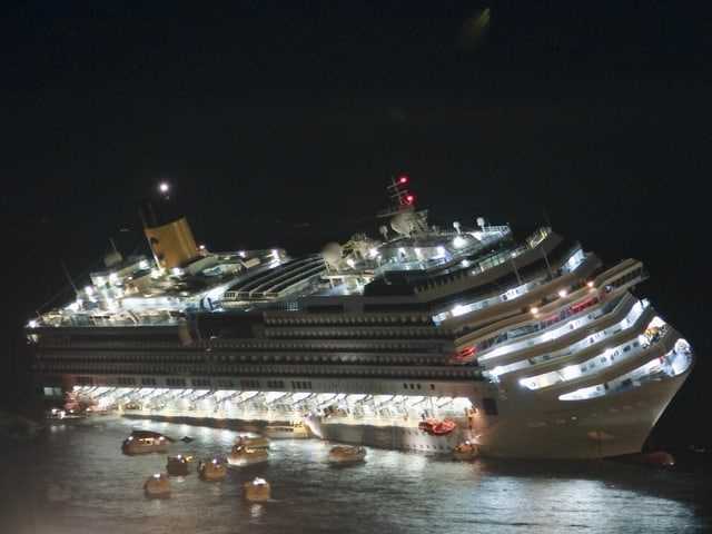 The Costa Concordia on the evening of January 13, 2012, shortly after the accident.