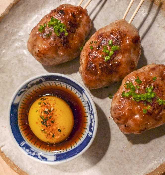 At Cheval d'Or, tsukune, skewers of chicken meatballs shaped by hand.