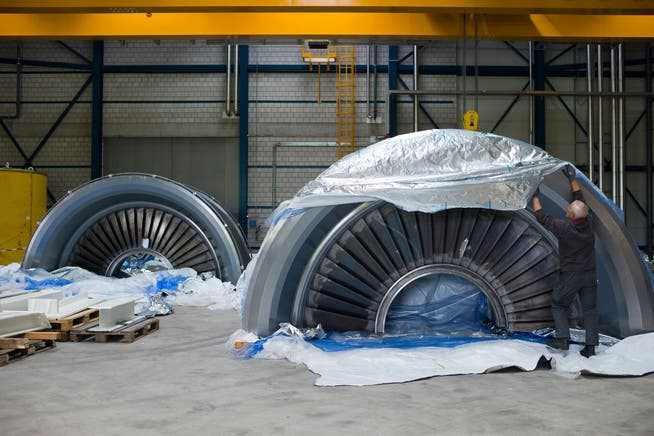 Parts of a steam turbine are ready for installation, photographed on the site of the Leibstadt nuclear power plant.