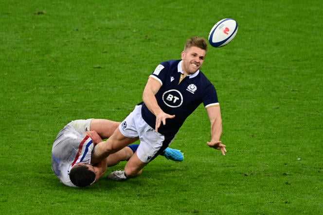 Scottish center Chris Harris (right) during the Six Nations Tournament in a match between Scotland and France, at the Stade de France, in Saint-Denis, March 26, 2021.
