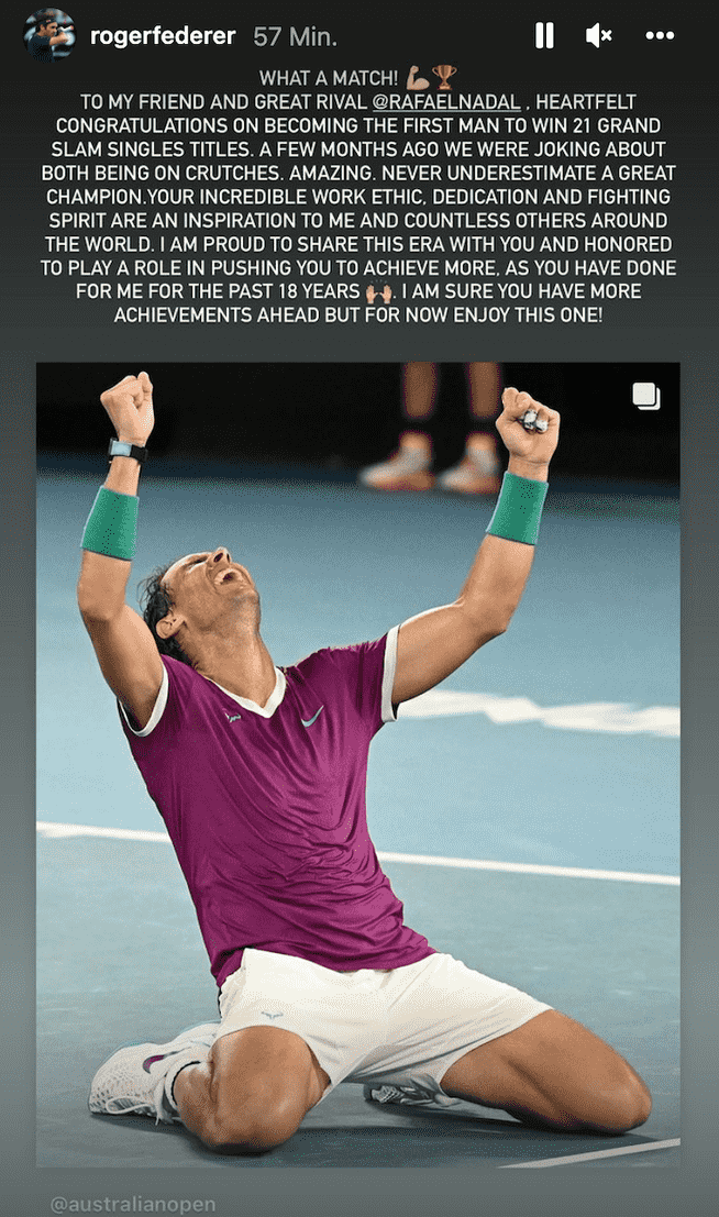 Roger Federer congratulates Rafael Nadal on his triumph.