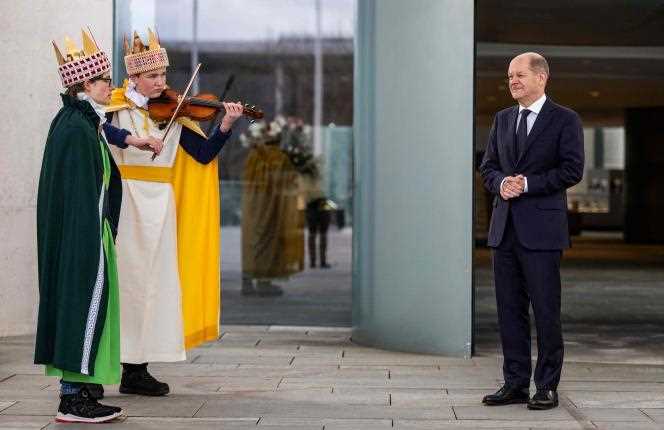 German Chancellor Olaf Scholz during the Epiphany celebration in front of the Chancellery in Berlin on January 5, 2022.