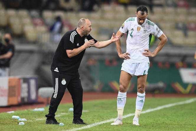 In the Japoma stadium, in Douala, coach Djamel Belmadi and the defender of the Algerian team during the match between the Fennecs and Equatorial Guinea, on January 16, 2022 during the CAN which takes place in Cameroon.