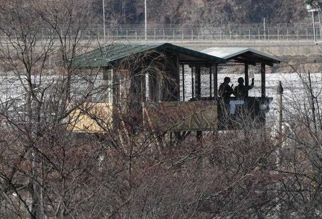 South Korean soldiers at a guard post, seen from Imjingak Peace Park, near the demilitarized zone (DMZ) that divides the two Koreas, in Paju, January 1, 2022.