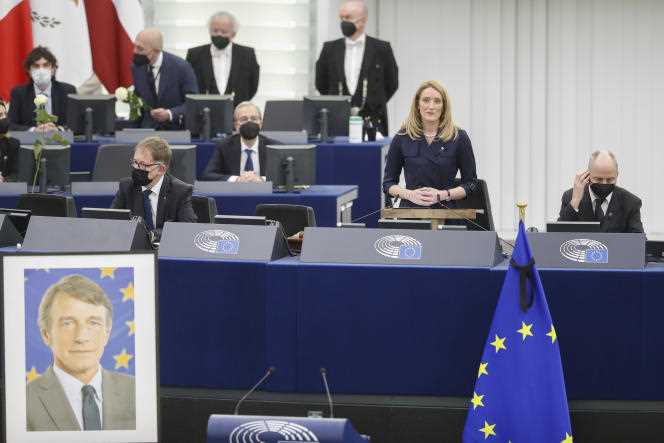 Roberta Metsola during a speech in tribute to former President David Sassoli at the European Parliament on January 17.