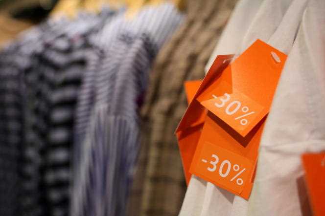 Clothes on sale at Printemps Haussmann, in Paris, on January 12, 2022, the first day of the winter sales.