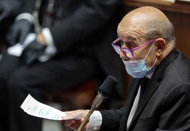 French Foreign Minister Jean-Yves Le Drian at the National Assembly in Paris on January 11, 2022.