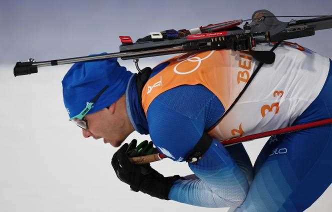 Emilien Jacquelin during the Olympic 4 x 6 km mixed relay biathlon event at the National Biathlon Center in Zhangjiakou, China, February 5, 2022.