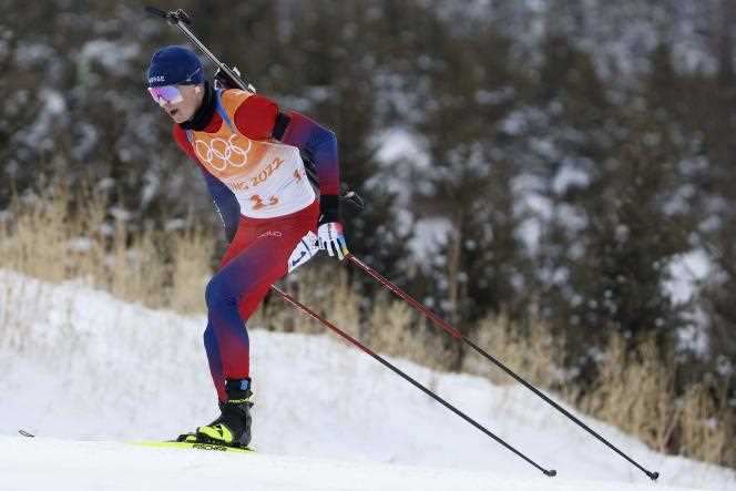 Biathlete Johannes Boe, during the victorious men's Olympic relay for Norway, February 15, in Zhangjiakou (China).