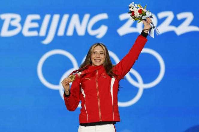 Freestyle skier Gu Ailing celebrates her big air victory on February 8 in Beijing.