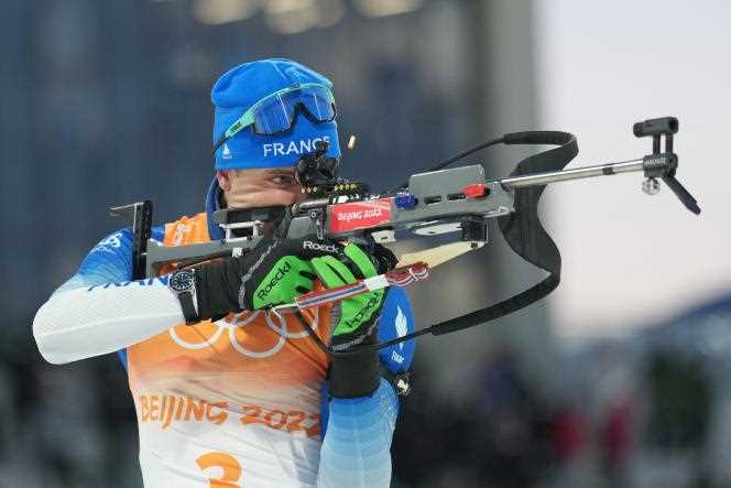 Emilien Jacquelin during the Olympic 4 x 6 km mixed relay biathlon event at the National Biathlon Center in Zhangjiakou, China, February 5, 2022.