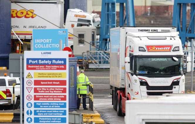 A truck from Stranraer (Scotland) leaves the port of Larne, north of Belfast, on February 3, 2022.