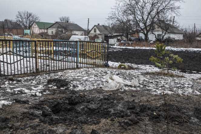 After shelling on a school and houses in Vrubivka, near the line of contact in the Luhansk Oblast region, eastern Ukraine, on February 18, 2022.