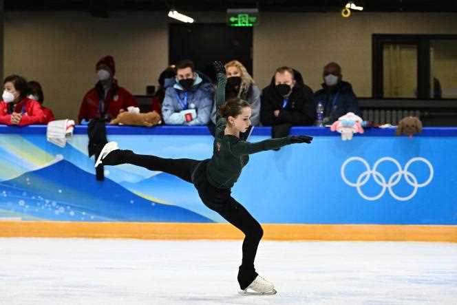 Kamila Valieva takes part in a practice session on February 14, 2022 before the figure skating event at the Beijing 2022 Winter Olympics.