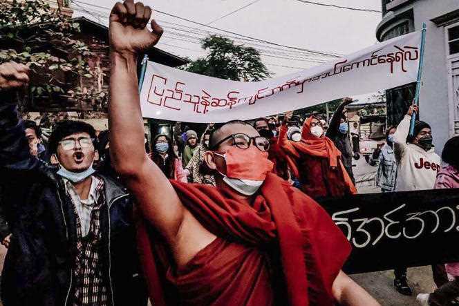 Demonstration against the military junta, in Mandalay, Burma, Tuesday, February 1, 2022.