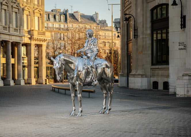 The “Horse and Rider” sculpture, 2014, by Charles Ray in front of the Bourse de commerce, in Paris.