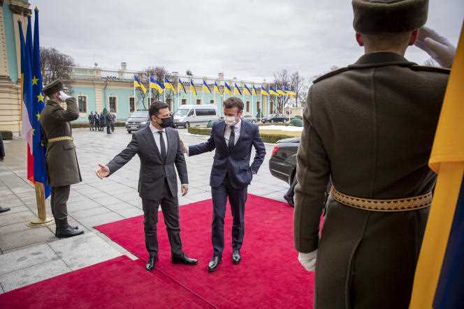 French Presidents Emmanuel Macron and Ukrainian President Volodymyr Zelensky meet at the Mariinsky Palace in Kiev, amid the crisis with Russia, Tuesday, February 8, 2022.