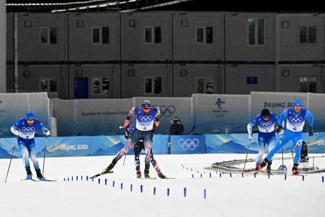 Richard Jouve (left), Norwegian Johannes Klaebo, Lucas Chanavat and Italian Federico Pellegrino (left to right) during the freestyle sprint semi-final of the Beijing Olympics which saw the elimination of the two Frenchmen, Tuesday, February 8, in Zhangjiakou.