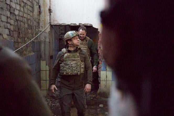 Ukrainian President Volodymyr Zelensky visits armed forces fighting positions near the separation line with Russian-backed rebels in Donetsk region, Ukraine, February 17, 2022.