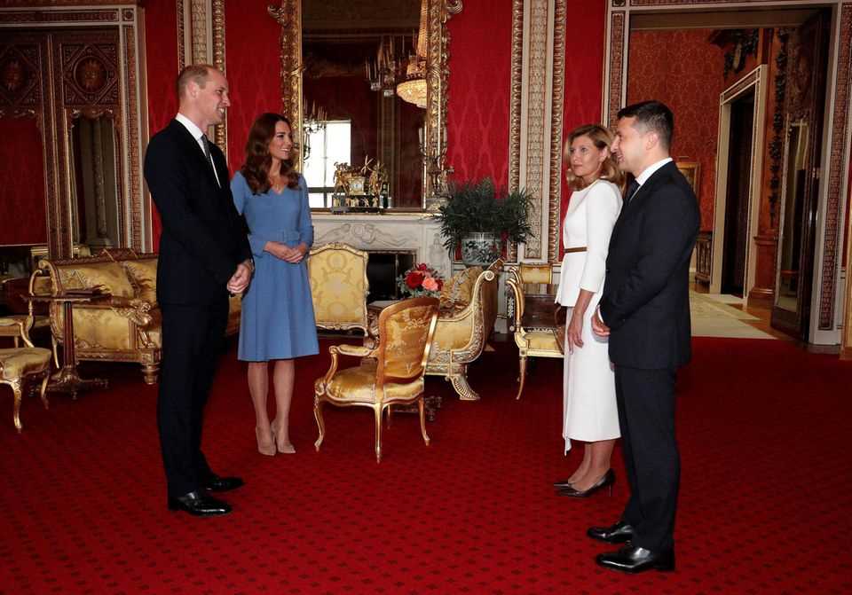 Prince William and Duchess Catherine receive Volodymyr Zelenskyj and Olena Zelenska at Buckingham Palace on October 7, 2020.