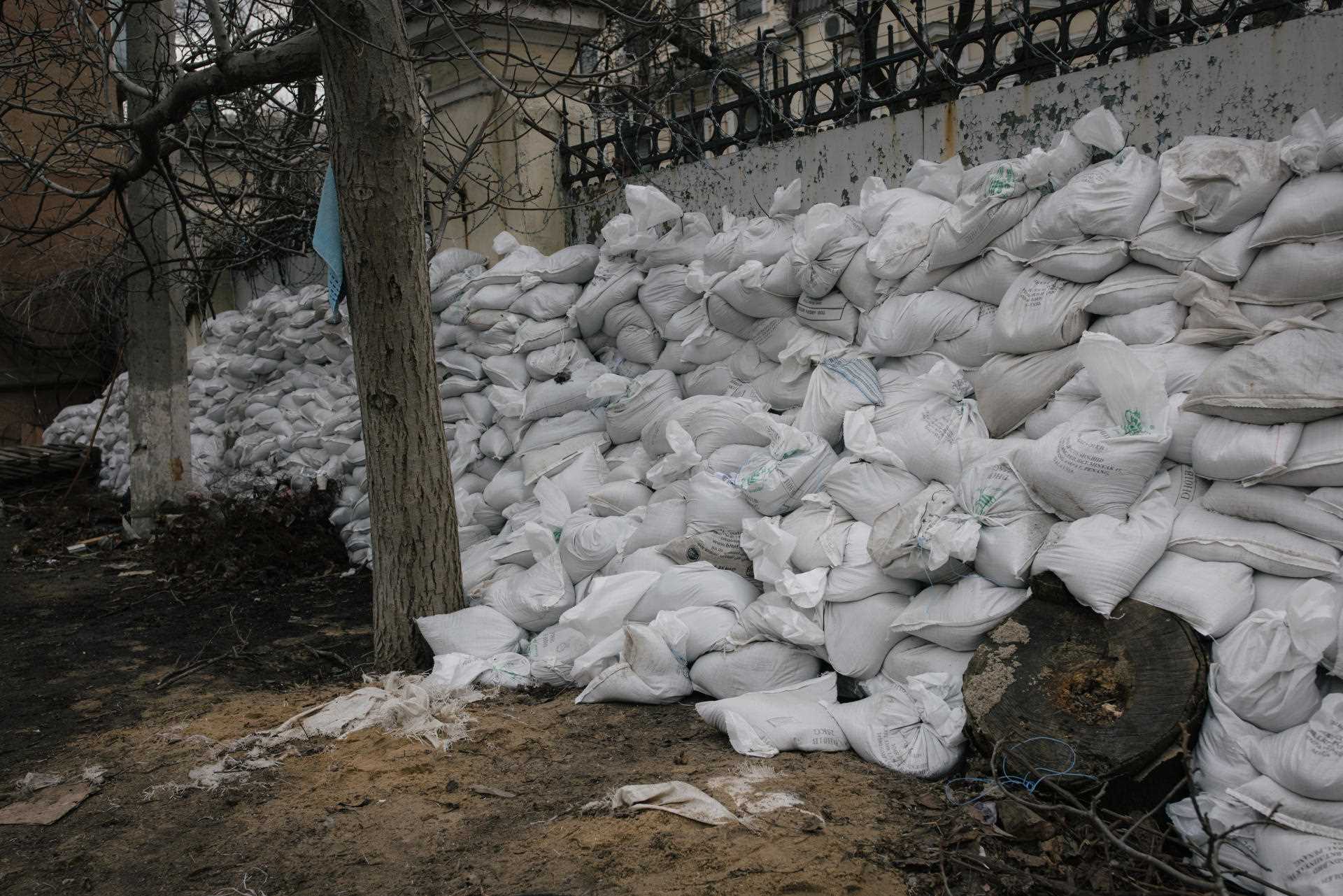Sandbags were put in front of “Rukh Oporu” (resistance) HQ in Odessa, Ukraine, Odessa, on March 4.