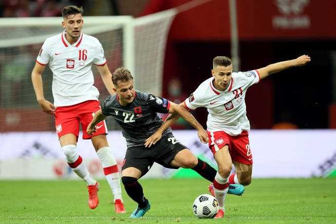 Abrashi in action for the Albanian national team.