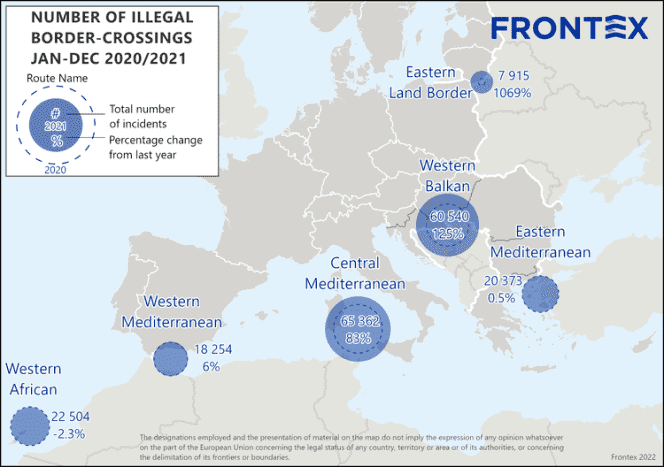 2021 figures for emigration to Europe from the European Border and Coast Guard Agency Frontex.
