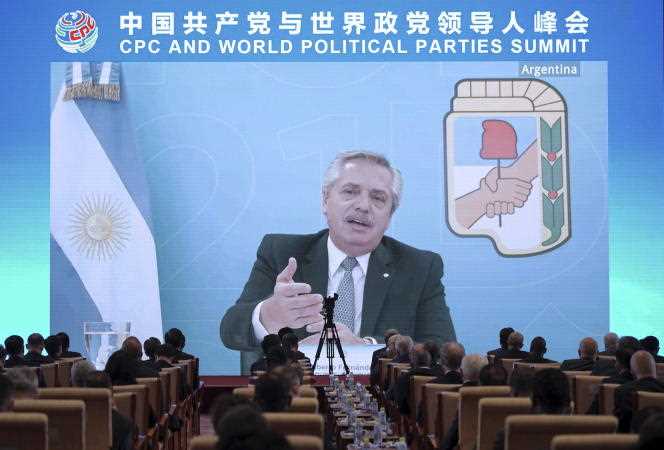 Argentinian President Alberto Fernandez addresses members of the Communist Party of China in Beijing on July 6, 2021.