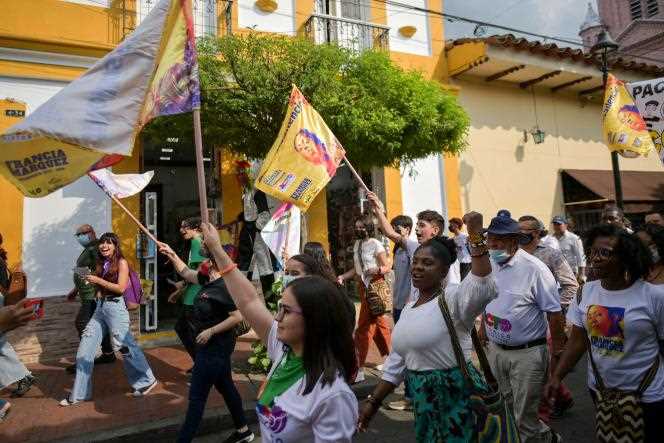 Francia Marquez, pre-candidate for the Colombian presidency for the political party Polo Democratico, takes part in a march accompanied by supporters during a rally in Buga, Colombia, February 22, 2022.