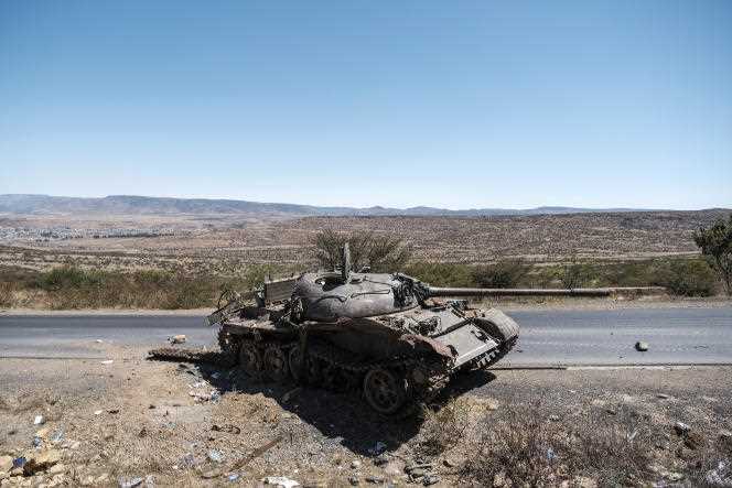 A destroyed tank on a road north of Mekele, the capital of Tigray, in February 2021.