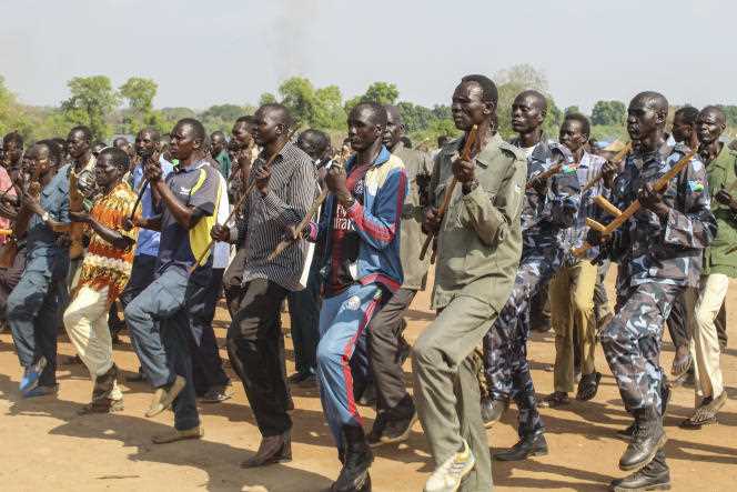 Police trainees, former government and rebel group soldiers, at the Unified Training Center in Rejaf, near Juba, in March 2021.