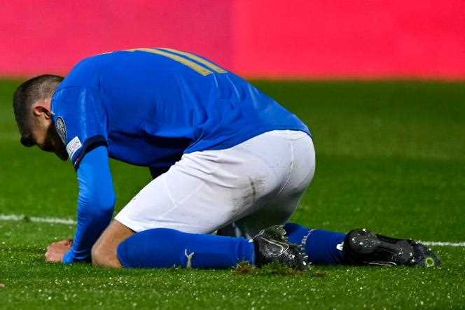 Italian striker Domenico Berardi at the end of the 2022 World Cup qualifying match between Italy and North Macedonia, in Palermo on March 24, 2022.