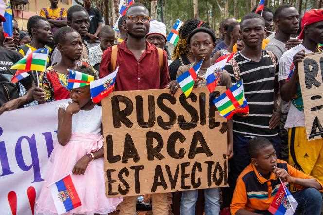 Pro-Russian slogans during a demonstration in support of Moscow, in Bangui, the Central African capital, on March 5, 2022. 