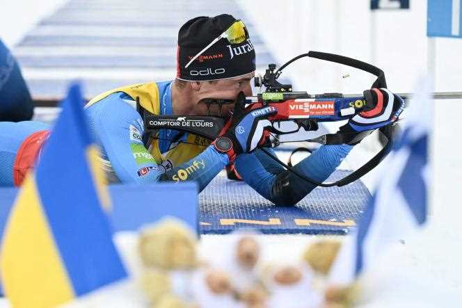 Quentin Fillon Maillet competes in the men's 12.5km pursuit competition at the IBU World Cup of Biathlon in Kontiolahti, Finland on March 6, 2022. 