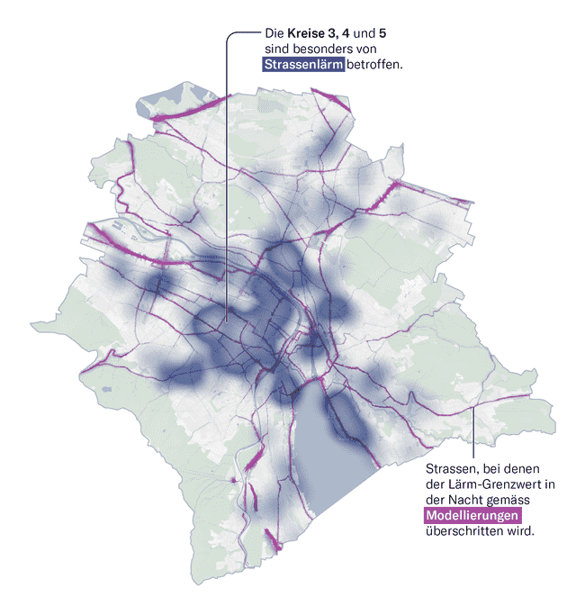 Areas with disruptive road noise - The blue areas received the most feedback about disruptive road noise.  The place of residence was recorded in each case.