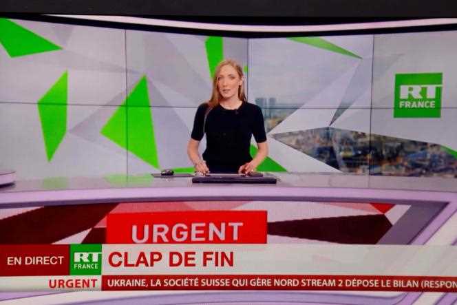 The last live broadcast of the RT France network due to a decision by the European Union after the invasion of Ukraine by Russia, on March 2, 2022, in Paris.