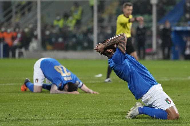 Joao Pedro of the Italian national team after missing a scoring chance during the FIFA World Cup qualifying match between Italy and North Macedonia.