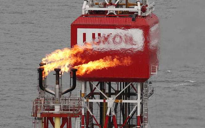 The Filanovskogo oil platform in the Caspian Sea, Russia, in October 2018.